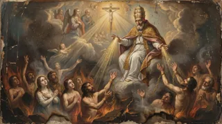 Un Papa entronizado con tiara entre nubes, la cruz arriba y las almas alzando los brazos entre las llamas