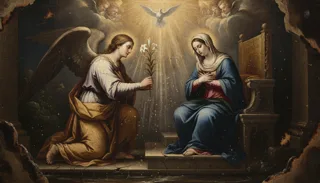 Klęczący skrzydlaty anioł podaje lilię siedzącej zawoalowanej Maryi, promienista gołębica i cherubiny