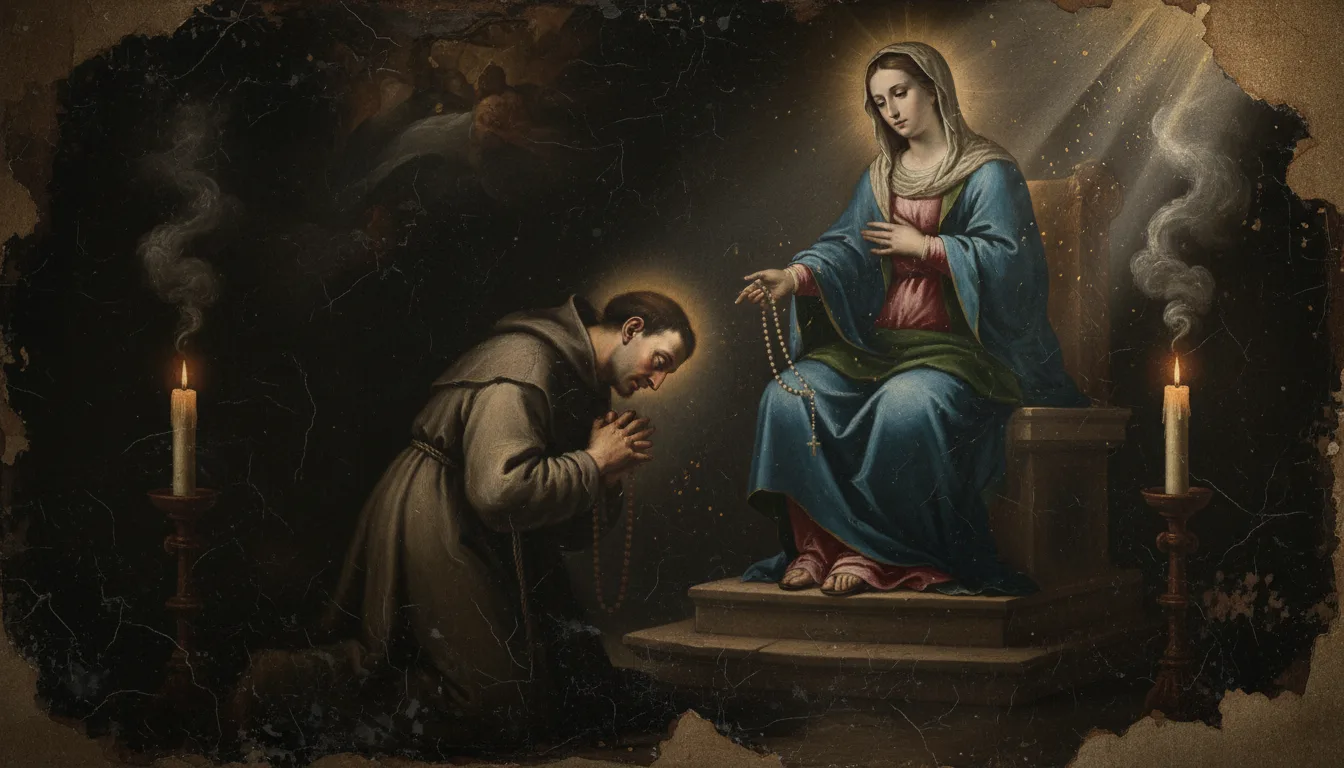 Un devoto inginocchiato stringe la corona del Rosario davanti all'immagine della Vergine di Pompei tra due candele accese