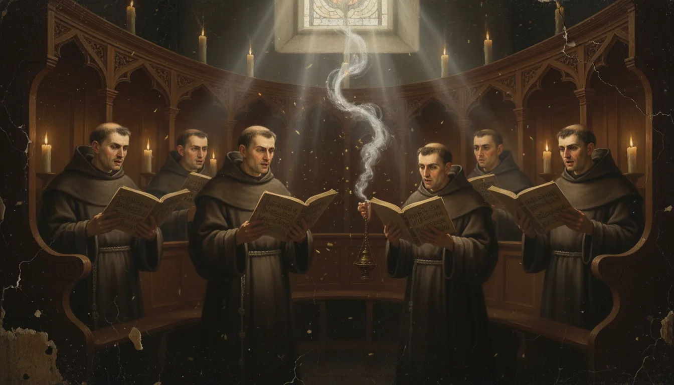 Um pequeno coro de monges canta os salmos hora a hora à luz das velas no coro