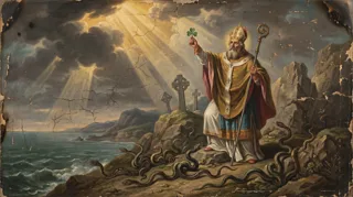St Patrick as a mitred bishop holding shamrock and crosier on a rocky coast with snakes and a Celtic cross