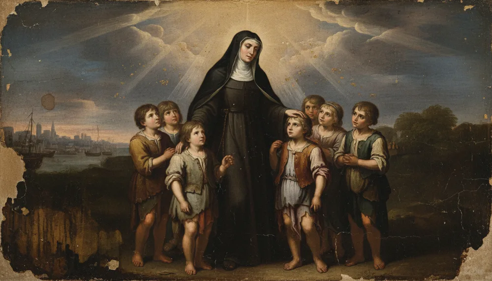 St Frances Xavier Cabrini as a black-veiled nun surrounded by ragged barefoot children on a coast with ships