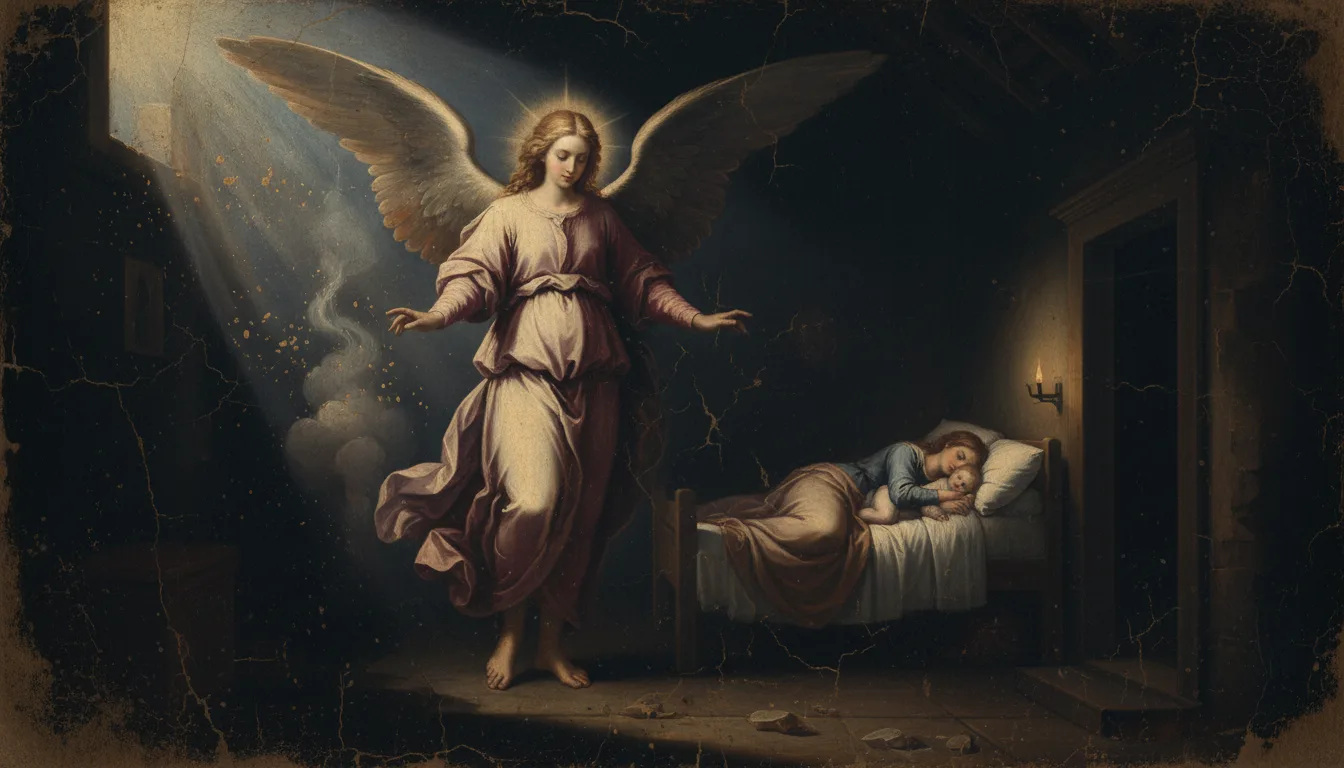 A guardian angel with outstretched wings watching over a sleeping household in a shadowed home