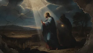 A robed bearded man kneels in prayer under a shaft of light, a hooded figure behind in a dark landscape