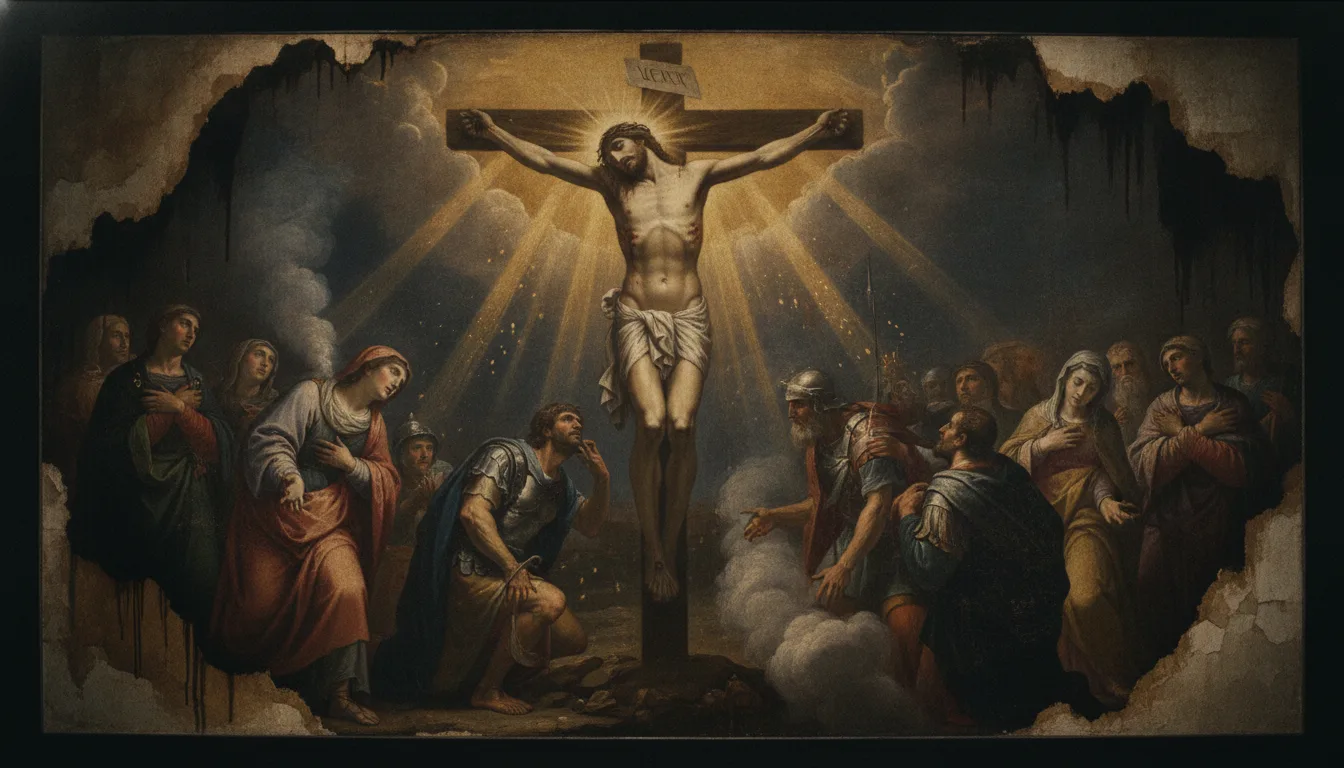 Cristo crucificado ergue o olhar ao céu perdoando os que o crucificaram, sob raios de luz