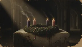 An Advent wreath of four candles, three lit and smoking, rests on a cracked stone altar in a vaulted crypt