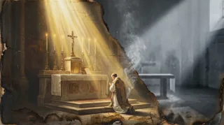 A vested priest kneels before a candlelit altar with a crucifix as a shaft of light breaks through a ruined wall