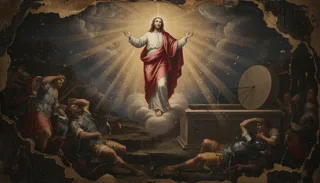 Una figura aureolata in bianco e rosso sale in una luce radiosa sopra il sepolcro mentre i soldati indietreggiano