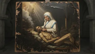 St Teresa of Calcutta as a veiled woman in a white-and-blue habit cradling a gaunt reclining man, a ray of light above