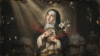 Santa Caterina da Siena con l'abito domenicano stringe la corona di spine e il giglio bianco, le mani ferite, lo sguardo in alto