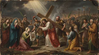 Der dornengekrönte Christus trägt das Kreuz, eine Frau reicht ihm ein Tuch, Soldaten und Trauernde ringsum