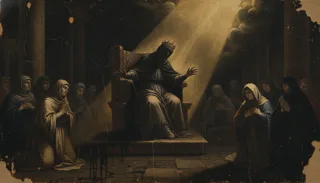 A crowned figure sits enthroned and gestures while veiled women kneel in prayer in a dim columned hall