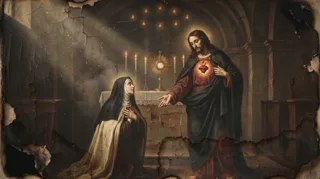 Haloed Jesus with an exposed flaming heart extends his hand to a kneeling veiled nun before a candlelit altar and monstrance