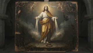 Haloed Jesus in white and gold robes with arms outstretched amid clouds, a crown of thorns below, set in a stone arch