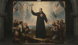 St Francis Xavier as a haloed monk kneeling with a rosary before candles, a crucifix, open book and framed icon in a stone cell