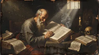 A bearded haloed elder writes in an open book, with scrolls, a skull, a candle, and a lion behind him