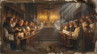 An elderly cleric in a black robe praying over an open book at a candlelit lectern in a cracked stone cell