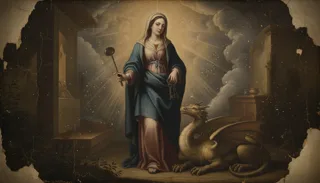 St Martha of Bethany as a robed veiled woman holding keys and a rod beside a crouching golden dragon