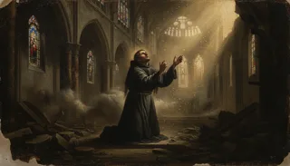 A hooded robed man kneels with raised arms inside a ruined church lit by beams through stained-glass windows