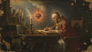 Saint François de Sales, évêque âgé en rouge, écrit à un bureau éclairé aux chandelles, un coeur enflammé rayonnant derrière lui