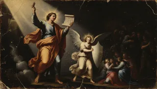 Caballero armado, de rodillas con escudo y espada, ora bajo rayos de luz mientras soldados combaten alrededor