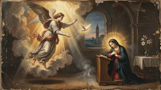 Annunciation scene: a winged angel with a lily and a dove before a kneeling blue-robed Virgin at her prayer desk
