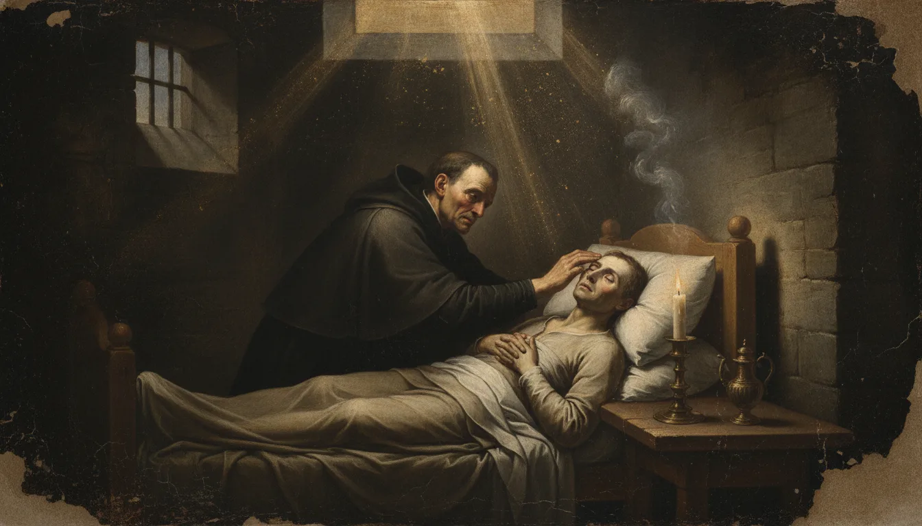 A robed priest anointing the forehead of a gravely sick man reclining on a bed with holy oil