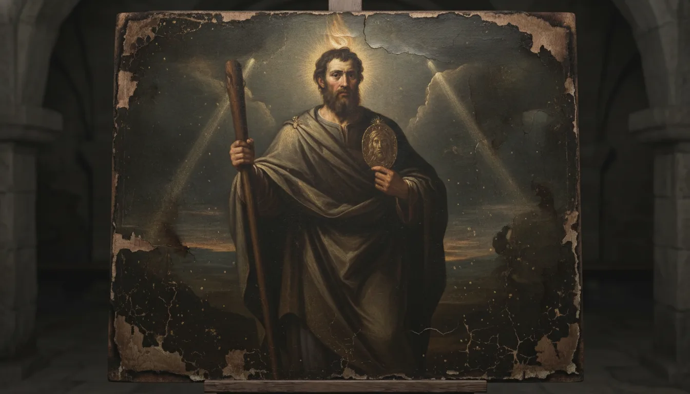 Saint Jude, puissant intercesseur des causes désespérées, tenant sa massue et le médaillon du Christ, une flamme au-dessus de la tête