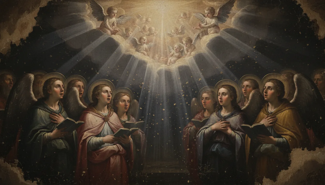 Coro de anjos e santos entoando o Te Deum diante da glória de Deus, entre nuvens luminosas