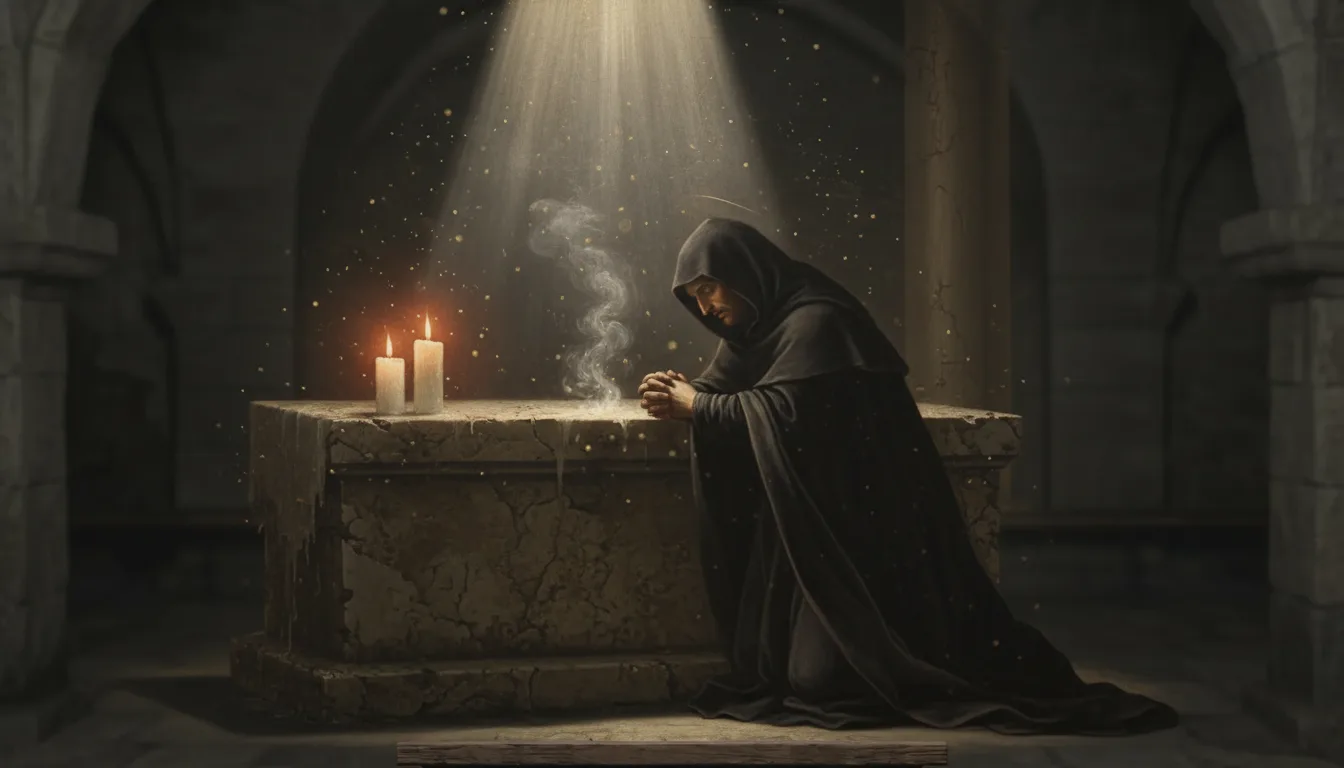 A grieving child prays at a candlelit grave as light descends from above