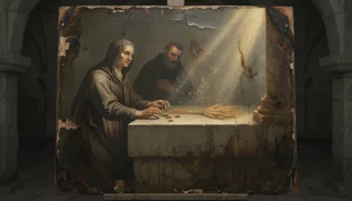 Damaged oil painting on an easel of a veiled nun and bearded man at a stone altar with coins, wheat sheaf, and a light shaft