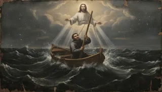 A bearded man rows a small boat on stormy waves as a glowing robed Christ hovers above the clouds