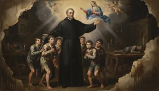 St John Bosco as a haloed priest in cassock among ragged workshop boys, the Virgin and cherubs above