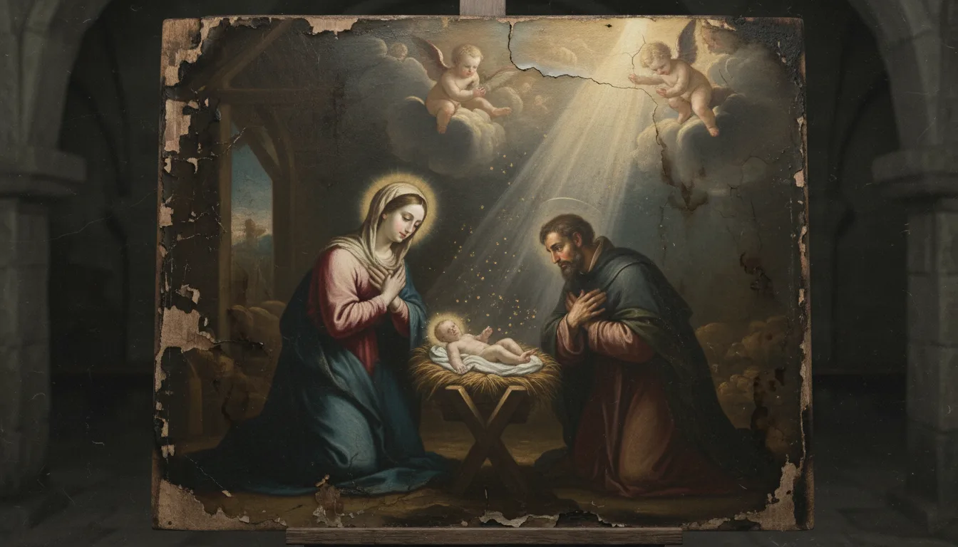 Maria e José ajoelhados em oração junto ao Menino Jesus na manjedoura, com anjos acima