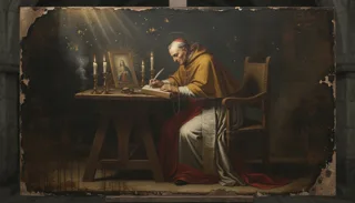 St Alphonsus Liguori, a haloed cleric in yellow robe writing at a wooden table beside candles and a small icon
