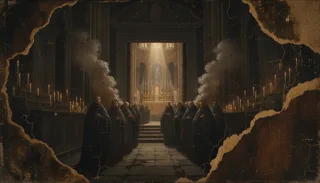Hooded monks in two rows within a candlelit church nave, incense rising before a glowing altar