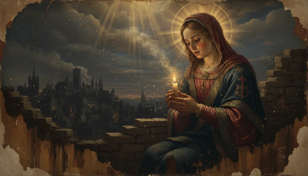 Sainte Geneviève, femme auréolée au manteau bleu et rouge, abritant une chandelle allumée devant la silhouette de Paris