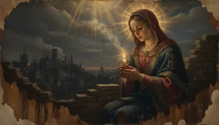 Sainte Geneviève, femme auréolée au manteau bleu et rouge, abritant une chandelle allumée devant la silhouette de Paris