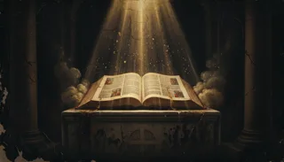 An open illustrated book rests on a stone altar as a beam of light descends between two columns in darkness