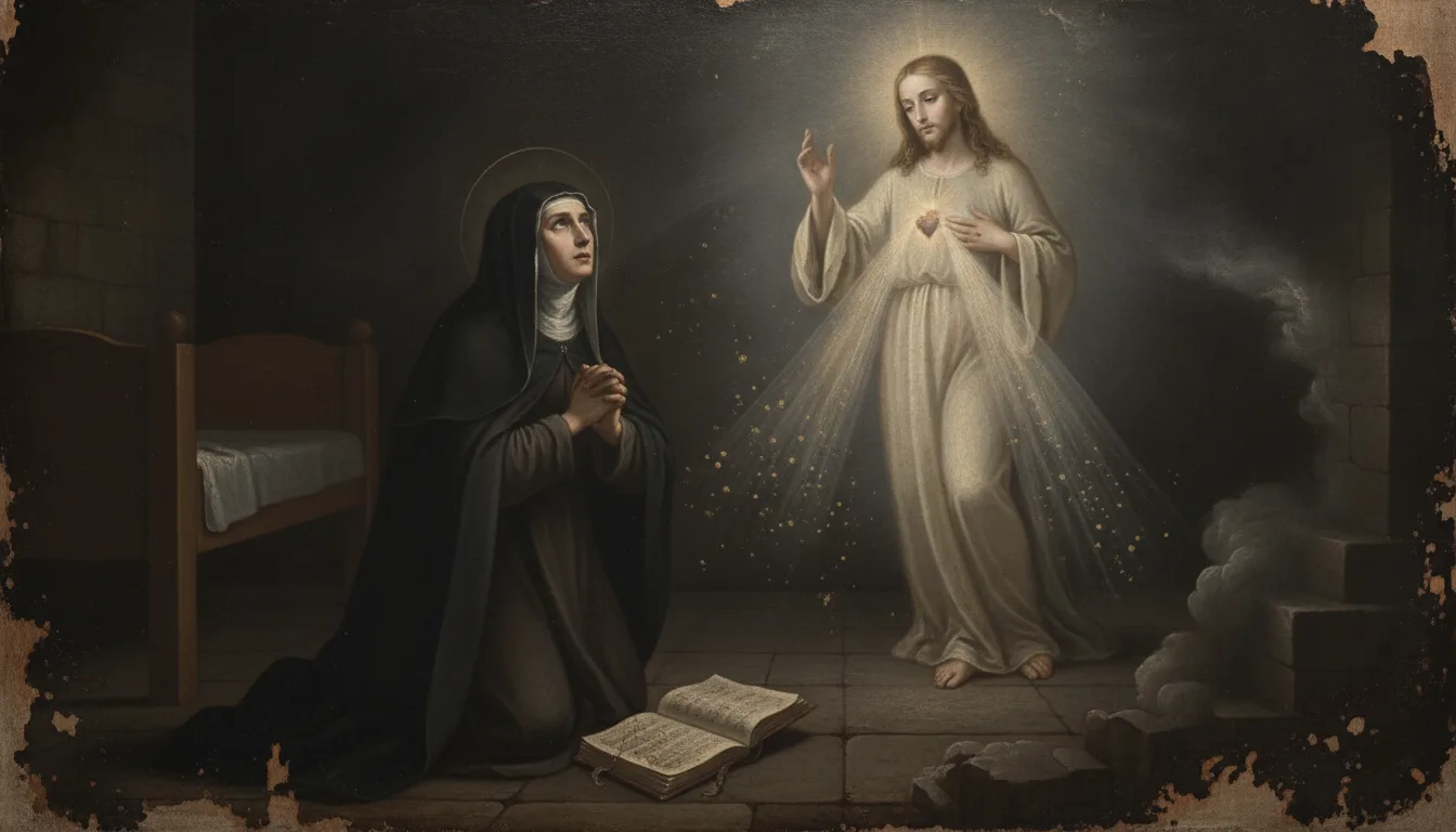 A kneeling religious sister writing in a diary beholds the vision of the merciful Christ
