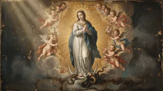 The praying Virgin in white and blue stands on a crescent moon and serpent, ringed by cherubs and flowers