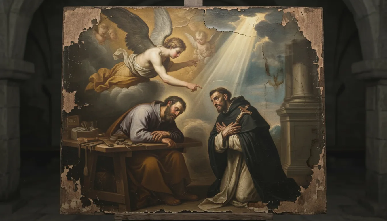 Um anjo aparece em sonho a São José adormecido, anunciando a vontade de Deus