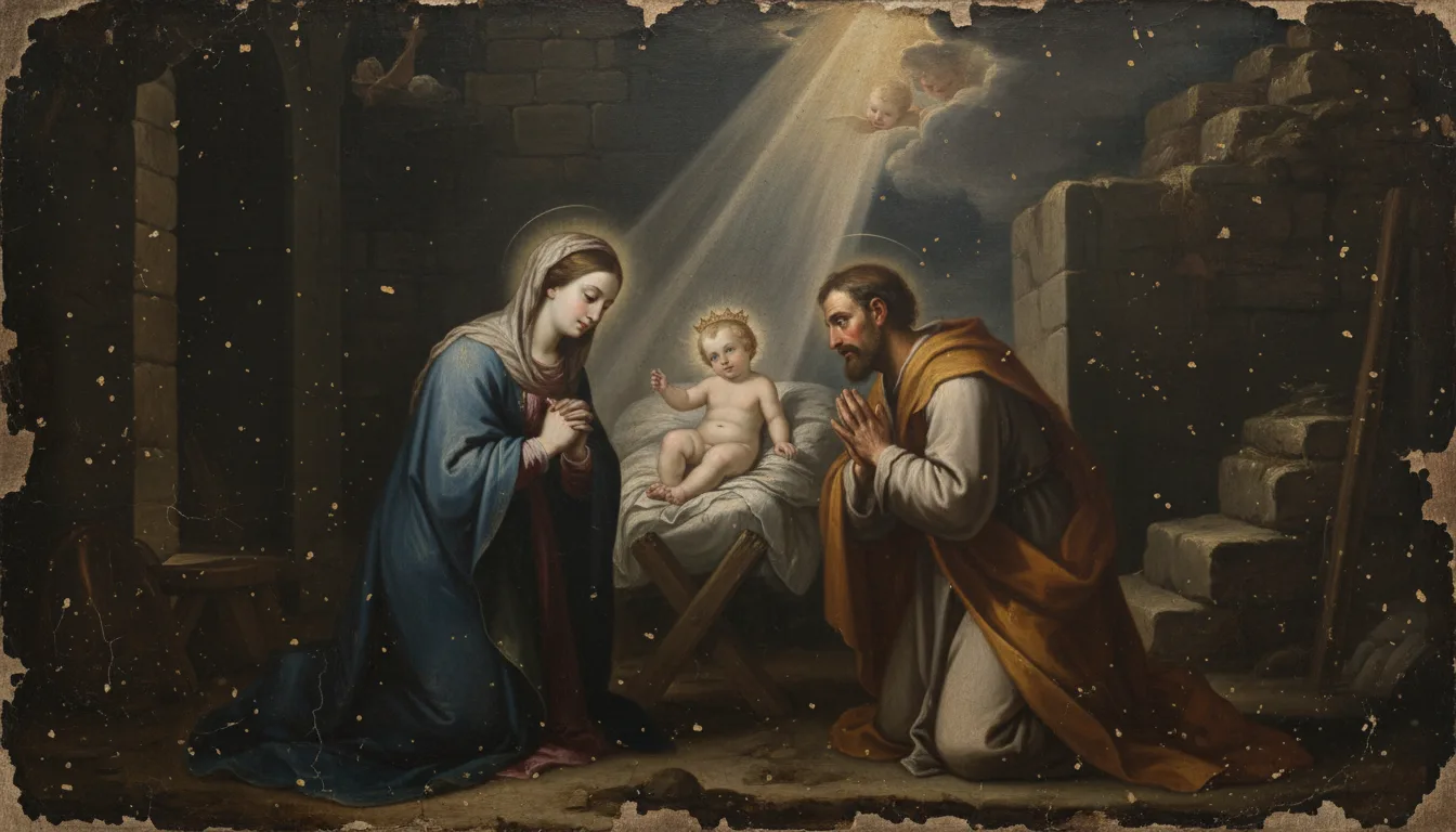 O Menino Jesus adorado por Maria e São José, ajoelhados com ternura na luz divina