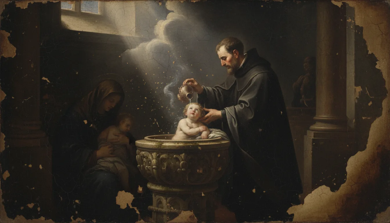 A robed priest pouring water over the head of a child held at a stone font in a dim church
