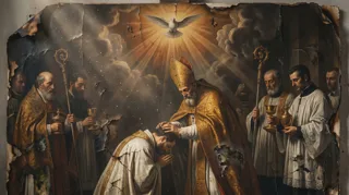Biskup w mitrze nakłada ręce na klęczącego mężczyznę, obok duchowni z pastorałami pod jaśniejącą gołębicą