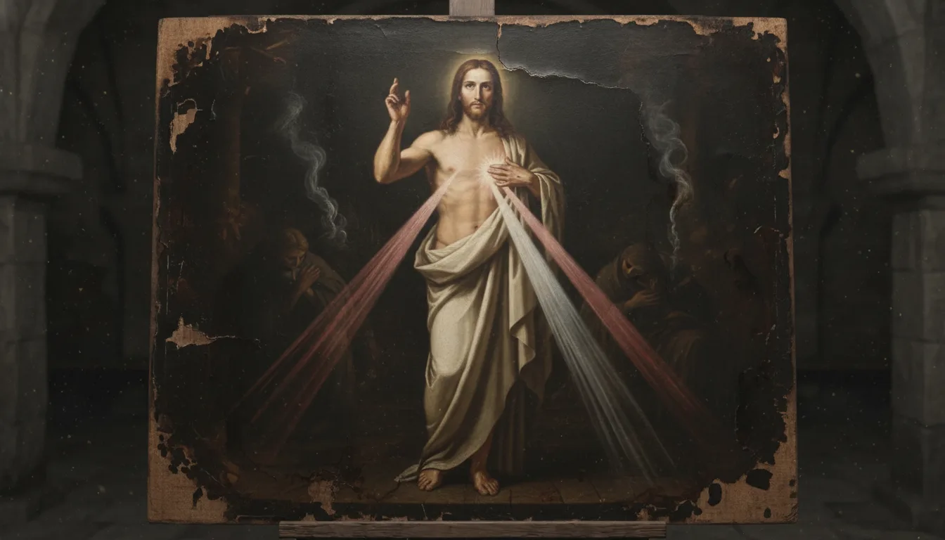 Christ in a white garment raising His hand in blessing as red and pale rays stream from His Heart