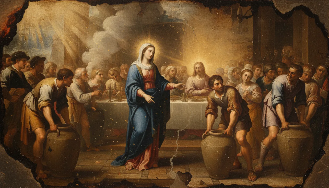 Nossa Senhora nas bodas de Caná aponta aos serventes, remetendo-os a Jesus