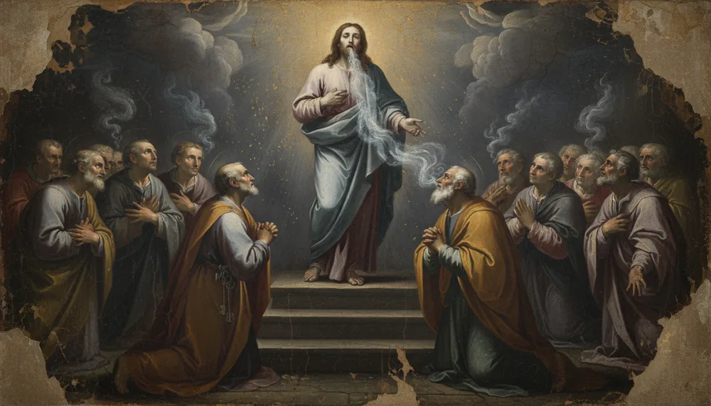 The risen Christ in blue, rays streaming from his chest, stands on steps above two kneeling groups of praying men