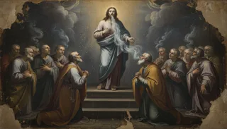 The risen Christ in blue, rays streaming from his chest, stands on steps above two kneeling groups of praying men