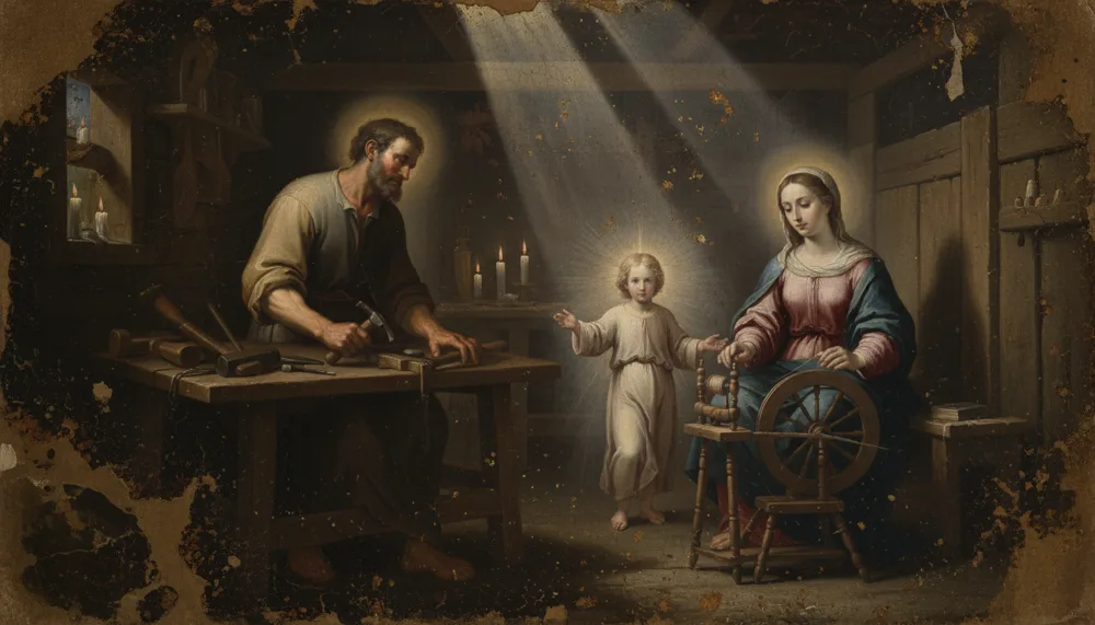 A carpenter at his workbench, the haloed Christ Child, and Mary seated at a spinning wheel in a dim workshop
